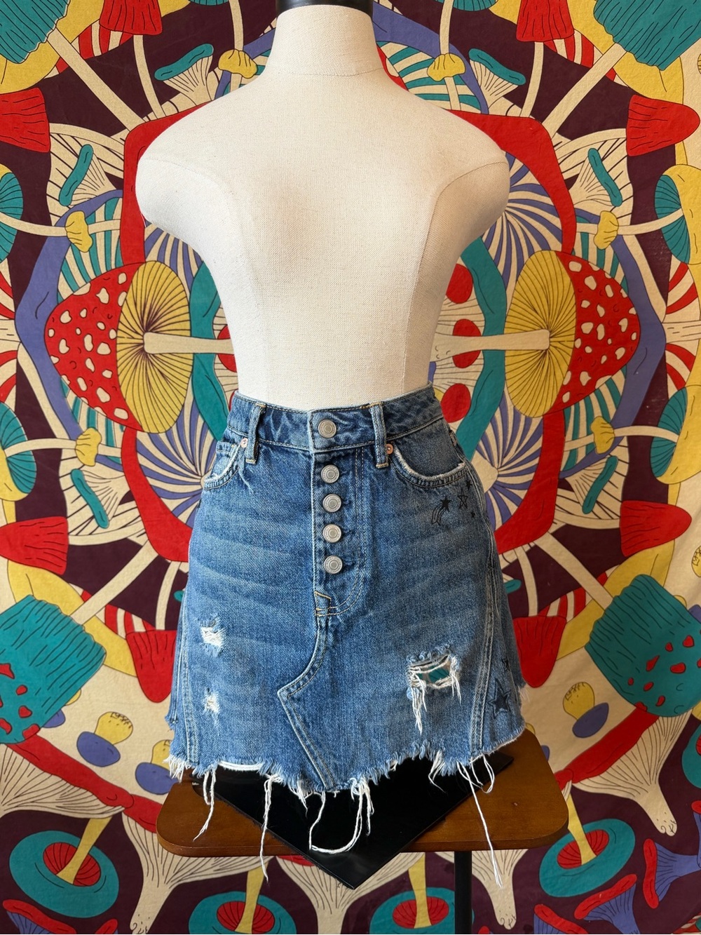 Free People Distressed Button-Front Mini Skirt - Blue